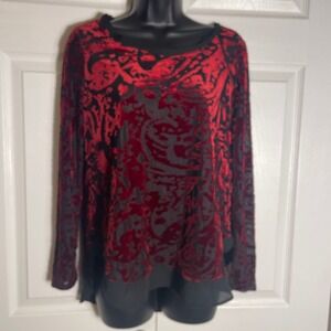 Simply Vera Wang Shirt Petite Small Red Black Velvet Burnout Long Whimsigoth Top